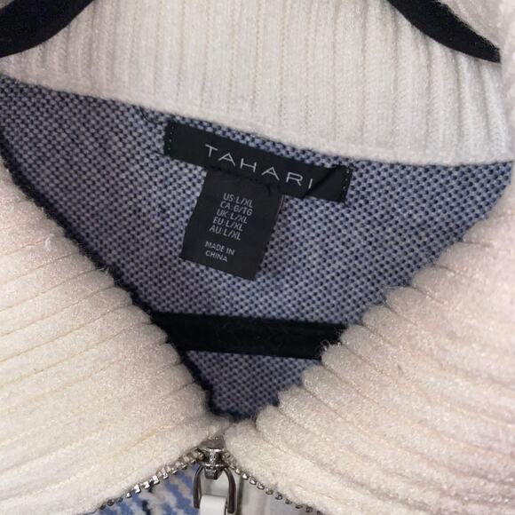 Tahari Blue Cream Plaid Oversized Full Zip Up Cape Poncho Sweater Women's L/XL - Picture 6 of 8